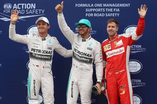 Motorsports: FIA Formula One World Championship WM Weltmeisterschaft 2015, Grand Prix of Malaysia, 6 Nico Rosberg (GER, Mercedes AMG Petronas Formula One Team), 44 Lewis Hamilton (GBR, Mercedes AMG Petronas Formula One Team), 5 Sebastian Vettel (GER, Scuderia Ferrari), xHOCHxZWEIx