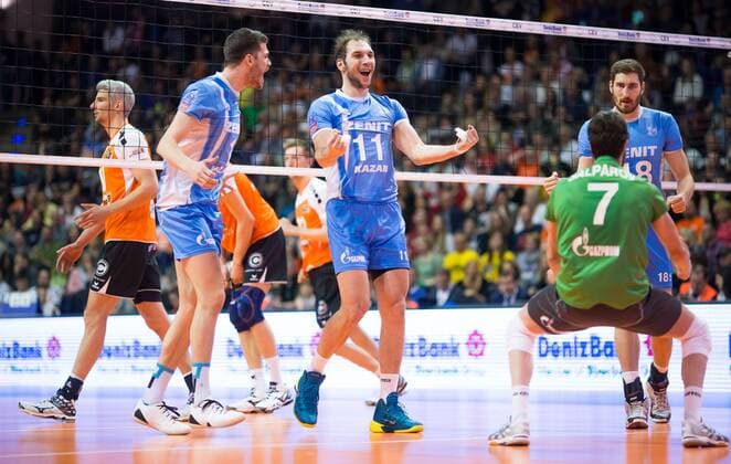 Berlin, Deutschland, 28.03.2015: Volleyball CEV Champions League Final 4 2015 - Halbfinale 1 BR Volleys - Zenit Kazan. Andrey Aschev (Kazan 11) jubelt