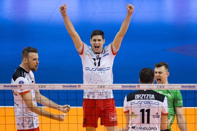 28.03.2015, Max Schmeling Halle, Berlin Volleyball, 2015 CEV Volleyball Champions League, Final Four, Halbfinale, Asseco Resovia Rzeszow (POL) vs. PGE Skra Belchatow (POL) Jubel Russel Holmes ( 15 Rzeszow), Nikolay Penchev ( 17 Rzeszow), Fabian Drzyzga ( 11 Rzeszow), Krzysztof Ignaczak ( 16 Rzeszow)