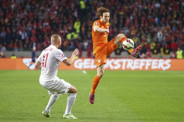 (L-R) Gokhan Tore of Turkye, Daley Blind of Holland during the UEFA EURO EM Europameisterschaft Fussball 2016 qualifying match between Netherlands and Turkey on March 28, 2015 at the Amsterdam Arena at Amsterdam, The Netherlands. Netherlands v Turkey UEFA Euro 2016 qualifier 2014 2015 xVIxxIVx 3722850