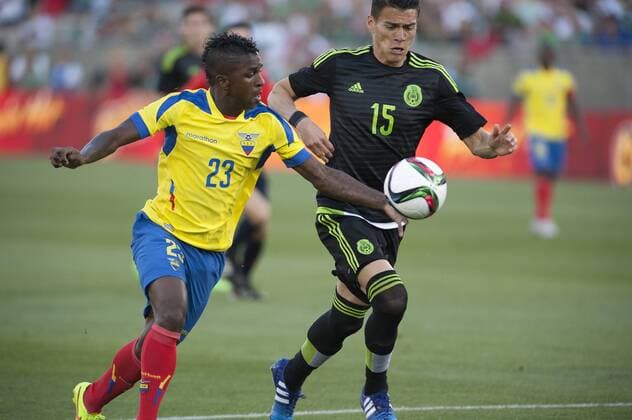 March 28, 2015 - Los Angeles, California, USA - 28 Mar 2015. Mexico defeated Ecuador, 1-0, in a friendly game held at the Los Angeles Coliseum. Pictured is Miler Bolanos(Ecuador) defended by Hector Moreno Mexico defeated Ecuador, 1-0 - ZUMAp124