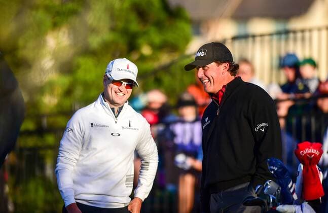 Mar 27, 2015- San Antonio, TX-- Zach Johnson, left, and Phil Mickelson share a laugh prior to teeing off on their first hole of their second round play of the Valero Texas Open at the AT&T Oaks Course, TPC San Antonio in San Antonio, Texas. GOLF: MAR 27 PGA Golf Herren - Valero Texas Open - Second Round Icon1503270062015 EDITORIAL USE ONLY