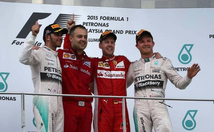 Sebastian Vettel, Scuderia Ferrar Sieger, Lewis Hamilton; Nico Rosberg; Mercedes Grand Prix, formula 1 GP, Malaysia in Kuala Lumpur Sepang 29.03.2015 Photo:mspb Thomas Melzer Podium; formula 1 GP, Malaysia