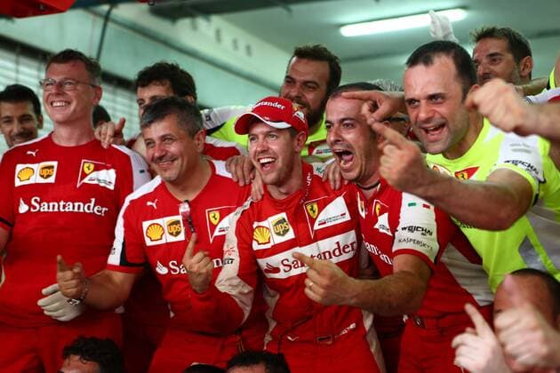 29.03.2015- Race, Celebration, Sebastian Vettel (GER) Scuderia Ferrari SF15-T race winner Malaysian Grand Prix, Sepang 26 - 29 March 2015 