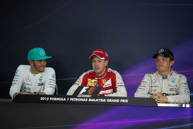 29.03.2015- Race, press conference PK Pressekonferenz Lewis Hamilton (GBR) Mercedes AMG F1 W06, Sebastian Vettel (GER) Scuderia Ferrari SF15-T and Nico Rosberg (GER) Mercedes AMG F1 W06 Malaysian Grand Prix, Sepang 26 - 29 March 2015 