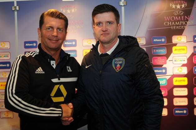 29.03.2015 Frankfurt, Stadion am Brentanobad 1. Frauenbundesliga, Saison 2014 2015 UEFA Women’s Champions League, 2014 2015, Quarter Finals 1. FFC Frankfurt gegen Bristol Academy WFC Trainer Colin Bell (FFC Frankfurt) und Trainer Davew Edmonson (Bristol)