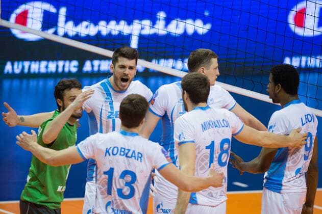 29.03.2015, Max Schmeling Halle, Berlin Volleyball, 2015 CEV Volleyball Champions League, Final Four, Finale, Zenit Kazan (RUS) vs. Asseco Resovia Rzeszow (POL) Jubel Teodor Salparov ( 7 Kazan RUS), Evgeny Sivozhelez ( 6 Kazan RUS), Igor Kobzar ( 13 Kazan RUS), Maxim Mikhailov ( 18 Kazan RUS), Nikolay Apalikov ( 3 Kazan RUS), Wilfredo Leon ( 9 Kazan RUS)
