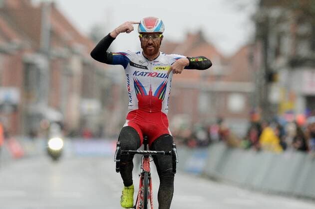 - WEVELGEM, BELGIUM: Italian Luca Paolini of Team Katusha celebrates as he crosses the finish line to win the 77th edition of the Gent-Wevelgem one day cycling race, 239 km from Deinze to Wevelgem, Sunday 29 March 2015. DAVIDxSTOCKMAN  x04595502x