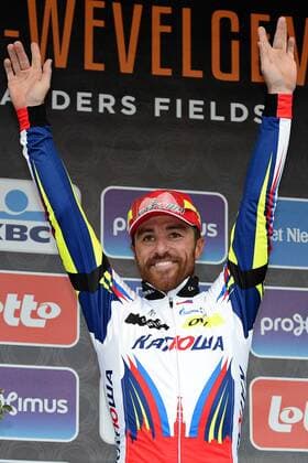 - WEVELGEM, BELGIUM: Italian Luca Paolini of Team Katusha celebrates on the podium after the 77th edition of the Gent-Wevelgem one day cycling race, 239 km from Deinze to Wevelgem, Sunday 29 March 2015. DAVIDxSTOCKMAN  x04595605x