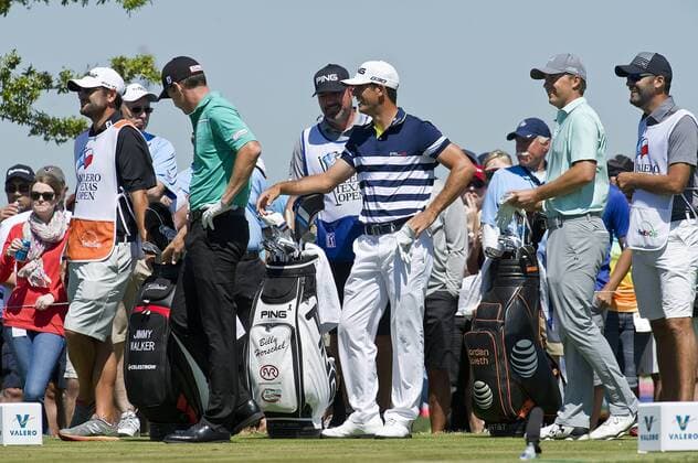 March 29, 2015: Jimmy Walker (left) Billy Horschel (middle) and Jordan Spieth in action final round Valero Texas Open PGA Golf Herren Fed Ex Cup at AT&T Oaks Course TPC. San Antonio, Texas. PGA Golf 2015: Valero Texas Open MAR 29 - ZUMAc04_