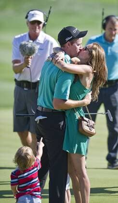 March 29, 2015: Jimmy Walker with family wife Erin and son Beckett after his win at Valero Texas Open PGA Golf Herren Fed Ex Cup at ATandT Oaks Course TPC. San Antonio, Texas. PGA Golf 2015: Valero Texas Open MAR 29 - ZUMAc04_