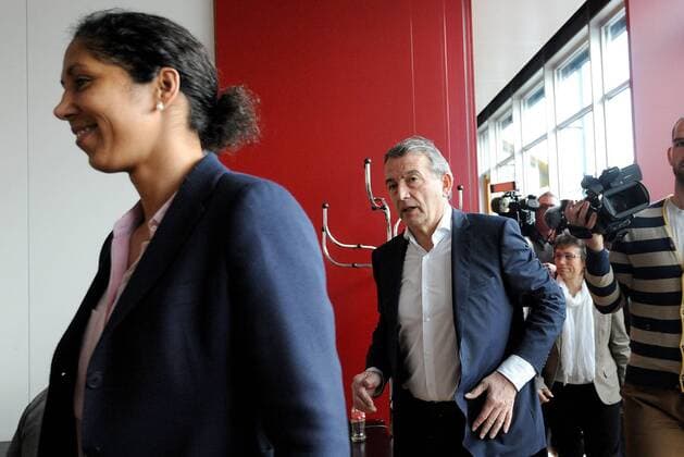 30.03.2015, xfux, Fussball, DFB Pressekonferenz Damen, v.l. Neue Trainerin Steffi Jones (Deutsche Fussball Nationalmanschaft Damen), DFB Praesident Wolfgang Niersbach (Deutsche Fussball Bund)