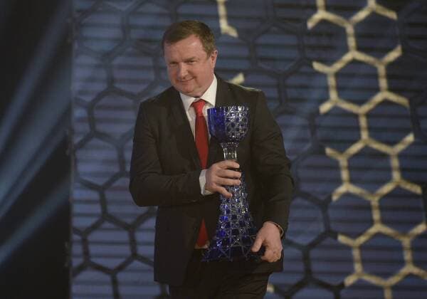 Pavel Vrba, coach of Czech national soccer team, poses with award for the Coach of the Year during the Czech Footballer of the Year for 2014 ceremony, organised by the Czech Football Association (FACR) in Prague, Czech Republic, March 29, 2015. (CTKxPhoto MichalxKrumphanzl) CTKPhotoP201503290479401  _KRU6219