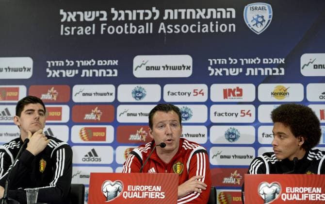 - BRUSSELS, BELGIUM: Belgium s goalkeeper Thibaut Courtois, Belgium s head coach Marc Wilmots and Belgium s Axel Witsel pictured during a press conference PK Pressekonferenz of Belgian national soccer team Red Devils, Monday 30 March 2015, in the Teddy Stadium in Jerusalem, Israel. Belgium will play its fifth game of the Euro 2016 qualification against Israel tomorrow. DIRKxWAEM  x04596208x