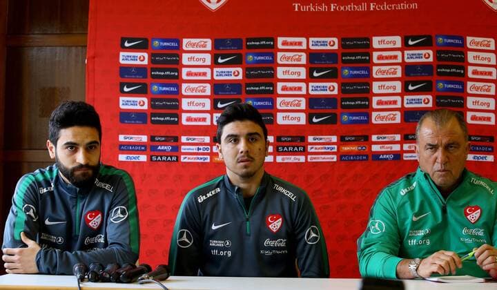 Turkey National Football Team Head Coach Fatih Terim and players Mehmet Ekici (L) and Ozan Tufan (C) during the press conference PK Pressekonferenz in Luksenburg on March 30, 2015. 