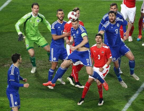 SOCCER - AUT vs BIH, friendly match VIENNA,AUSTRIA,31.MAR.15 - SOCCER - OEFB international match Länderspiel Austria vs Bosnia-Herzegovina, friendly match. Image shows Asmir Begovic, Ognjen Vranjes (BIH), Marko Arnautovic (AUT), Edin Dzeko (BIH), Aleksandar Dragovic (AUT) and Ervin Zukanovic (BIH). GEPAxpictures xChristianxOrt 
