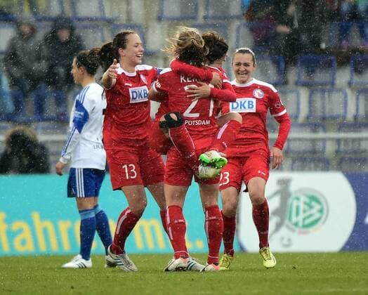 01.04.2015, xjhx, Fussball DFB Pokal Halbfinale Damen, 1.FFC Frankfurt - Turbine Potsdam, v.l.Asano Nagasato (Turbine Potsdam), Tabea Kemme (Turbine Potsdam), Lidija Kulis (Turbine Potsdam) celebrate the goal 0:1
