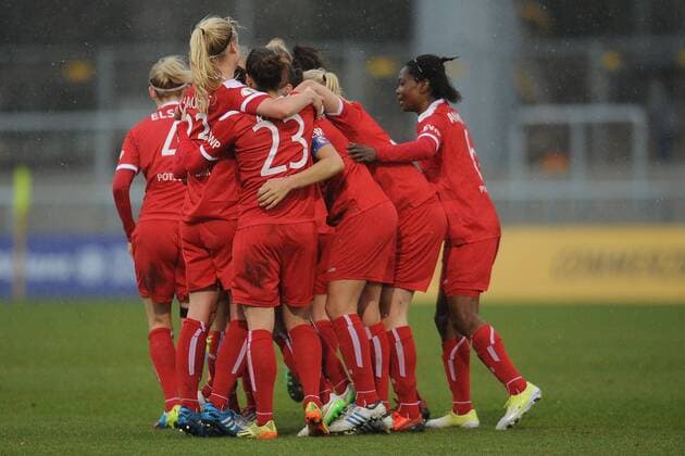 01.04.2015, xfux, Fussball DFB Pokal Halbfinale Damen, 1.FFC Frankfurt - Turbine Potsdam, v.l. Spielerinnen von Turbine Potsdam Torjubel, Goal celebration, celebrate the goal zum 0:1
