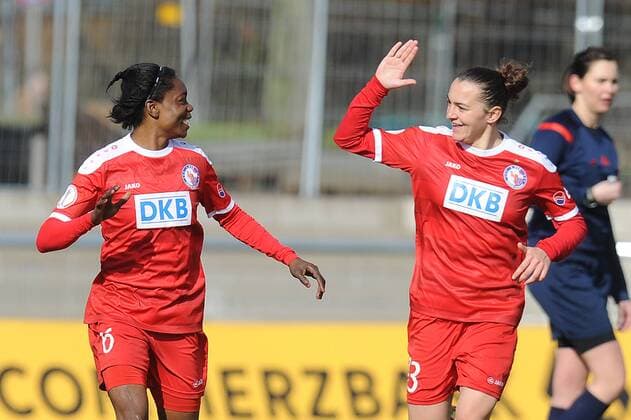 01.04.2015, xfux, Fussball DFB Pokal Halbfinale Damen, 1.FFC Frankfurt - Turbine Potsdam, v.l. Genoveva Anonma (Turbine Potsdam), Lidija Kulis (Turbine Potsdam) Torjubel, Goal celebration, celebrate the goal zum 0:2