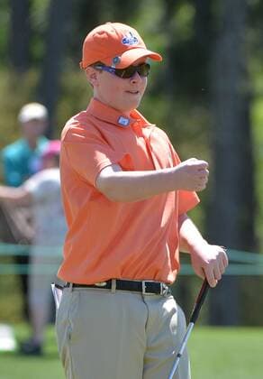 T.K. Schultz of Bulverde, Texas reacts making a putt during the Drive, Chip and Putt National Finals during Masters week at Augusta, National in Augusta, Georgia on April 5, 2015.  WAP20150405309 KEVINxDIETSCH