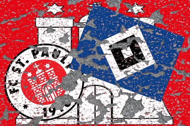 Symbolbild zum drohenden Abstieg und Absturz der Traditionsclub s FC Sankt Pauli und Hamburger SV HSV aus der 1. bzw 2. Fussball Bundesliga: abbroeckelnder Putz und Risse im Vereinsemblem sowie Wappen der Hansestadt Hamburg