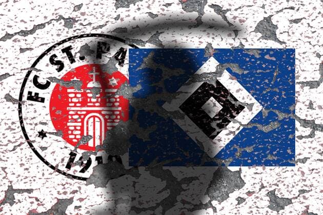 Symbolbild zum drohenden Abstieg und Absturz der Traditionsclub s FC Sankt Pauli und Hamburger SV HSV aus der 1. bzw 2. Fussball Bundesliga: abbroeckelnder Putz und Risse im Vereinsemblem sowie Schatten eines Sensenmann s