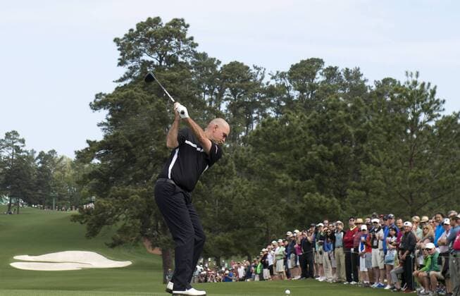 Thomas Bjorn hits off of the eighth tee during a practice round prior to the 2015 Masters Tournament at Augusta, National in Augusta, Georgia on April 6, 2015. The Masters will start on Thursday, April 9.  AUG20150406313 KEVINxDIETSCH