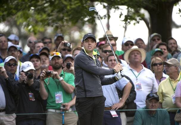 Rory McIlroy watches his drive off of the 4th tee during a practice round prior to the 2015 Masters Tournament at Augusta, National in Augusta, Georgia on April 6, 2015.  AUG20150406319 KEVINxDIETSCH