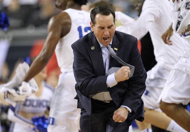 April 6, 2015 - Indianapolis, Indiana, USA - Duke head coach MIKE KRZYZEWSKI is pumped during the second half of the NCAA College League USA National Championship game against Wisconsin at Lucas Oil Stadium in Indianapolis. Duke defeated Wisconsin 68-63. NCAA Basketball 2015 - Duke Wins National Title - ZUMAm67_