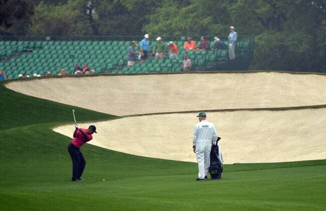 Tiger Woods hits on the 5th fairway during a practice round prior to the 2015 Masters Tournament at Augusta, National in Augusta, Georgia on April 7, 2015.  AUG20150407305 KEVINxDIETSCH