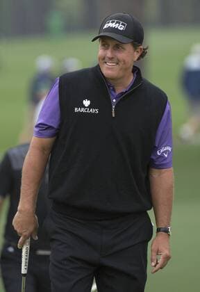 Phil Mickelson is seen on the 2nd green during a practice round the 2015 Masters Tournament at Augusta, National in Augusta, Georgia on April 7, 2015.  AUG20150407309 KEVINxDIETSCH