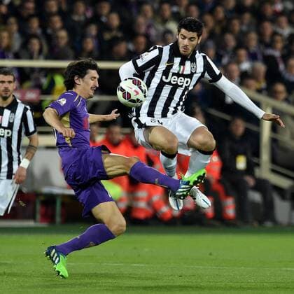 07.03.2015. Florence, Italy. Coppa Itallia Football. Fiorentina versus Juventus. Stefan Savic (Fio) challenges Alvaro Morata (Juv) xGiuseppexMaffiax  ActionPlus11611569