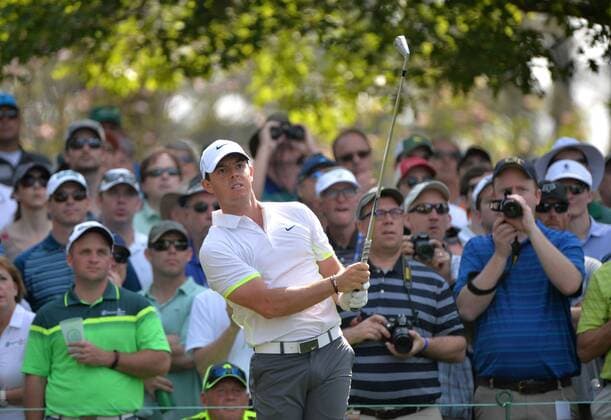 Rory McIlroy hits off of the 4th tee box during a practice round at the 2015 Masters Tournament at Augusta, National in Augusta, Georgia on April 8, 2015.  AUG20150408301 KEVINxDIETSCH