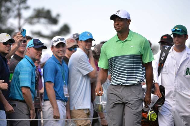 Tiger Woods walks to the 18th tee during a practice round at the 2015 Masters Tournament at Augusta, National in Augusta, Georgia on April 8, 2015.  AUG20150408314 KEVINxDIETSCH