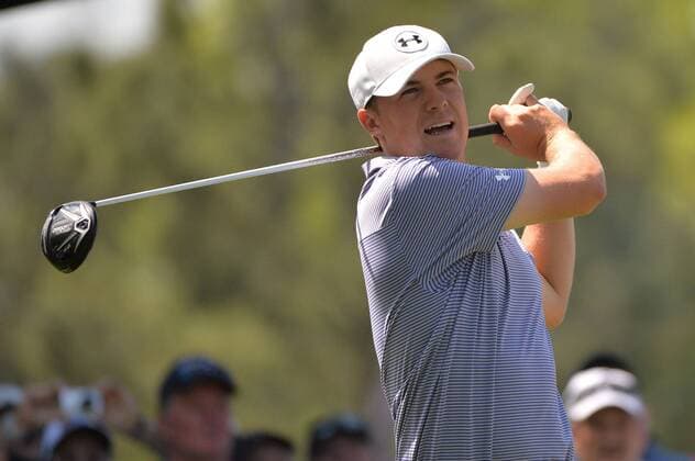 Jordan Spieth hits off of the 18th tee during a practice round at the 2015 Masters Tournament at Augusta, National in Augusta, Georgia on April 8, 2015.  AUG20150408323 KEVINxDIETSCH