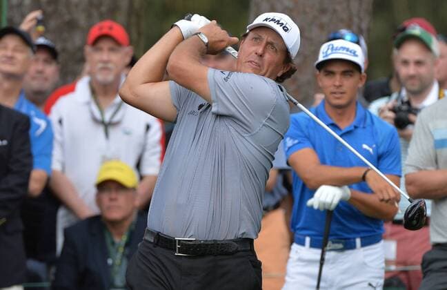 Phil Mickelson hits off of the 17th tee during a practice round at the 2015 Masters Tournament at Augusta, National in Augusta, Georgia on April 8, 2015.  AUG20150408331 KEVINxDIETSCH
