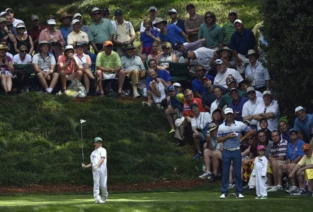 Bubba Watson s son Caleb hits off of the 9th tee during the Par 3 contest at the 2015 Masters Tournament at Augusta, National in Augusta, Georgia on April 8, 2015.  AUG20150408370 KEVINxDIETSCH