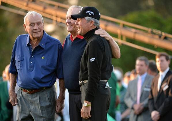 Arnold Palmer, Gary Player and Jack Nicklaus stand on the first tee after they tee off at hole 1 to start the 2015 Masters Tournament at Augusta National Golf Club in Augusta, Georgia on April 9, 2015.  MAS20150409101 KEVINxDIETSCH