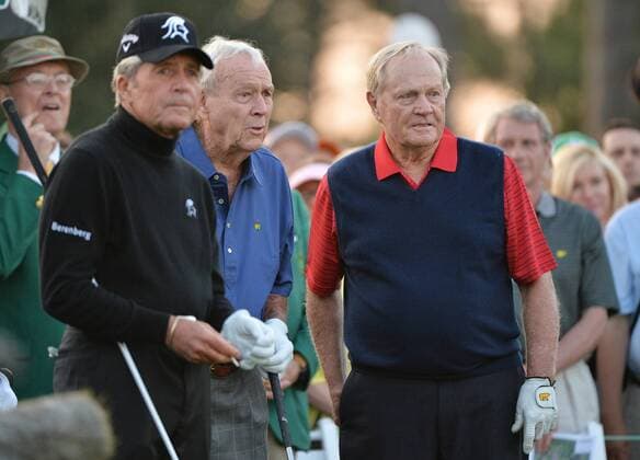 Jack Nicklaus, Arnold Palmer and Gary Player stand on the first tee before they tee off at hole 1 to start the 2015 Masters Tournament at Augusta National Golf Club in Augusta, Georgia on April 9, 2015.  MAS20150409117 KEVINxDIETSCH