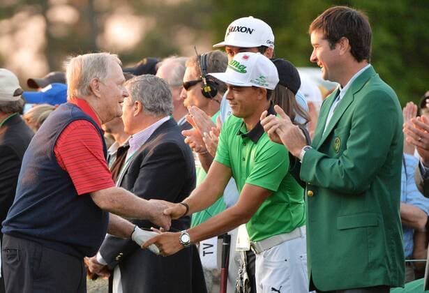 Jack Nicklaus shakes hands with Rickie Fowler before he tees off at hole 1 to start the 2015 Masters Tournament at Augusta National Golf Club in Augusta, Georgia on April 9, 2015.  MAS20150409122 KEVINxDIETSCH