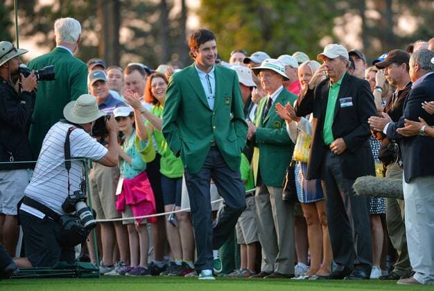 Bubba Watson walks on the first tee box in his Green Jacket at hole 1 to start the 2015 Masters Tournament at Augusta National Golf Club in Augusta, Georgia on April 9, 2015.  MAS20150409123 KEVINxDIETSCH