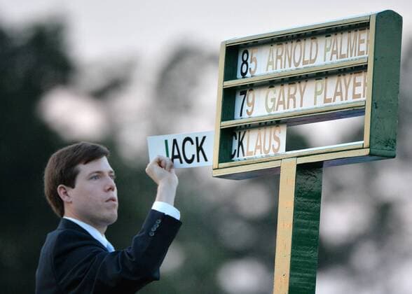 The names of Arnold Palmer, Gary Player and Jack Nicklaus are put on display before they tee off on the first tee at hole 1 to start the 2015 Masters Tournament at Augusta National Golf Club in Augusta, Georgia on April 9, 2015.  MAS20150409126 KEVINxDIETSCH