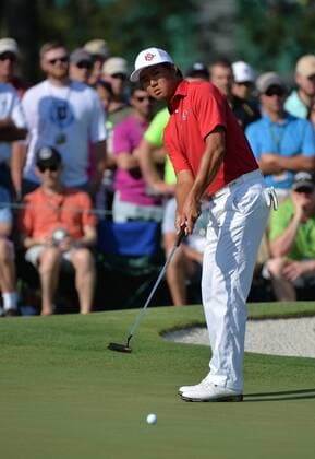 Gunn Yang from Korea putts on the second green in the first round of the 2015 Masters Tournament at Augusta National Golf Club in Augusta, Georgia on April 9, 2015.  MAS20150409131 KEVINxDIETSCH