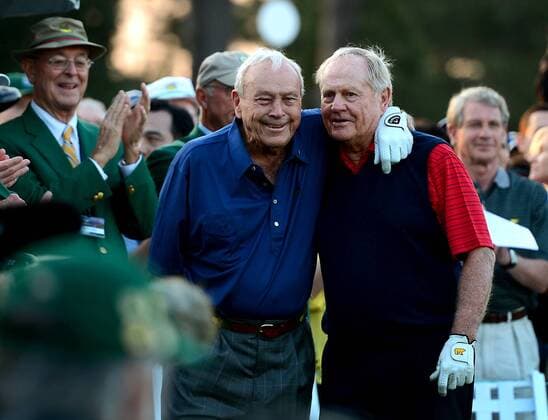 April 9, 2015 - Augusta, GA, USA - Arnold Palmer, left, hugs Jack Nicklaus, right, at the first tee box on Thursday, April 9, 2015 in Augusta, Ga. The two along with Gary Player were honorary starters of the 2015 Masters Tournament at Augusta National Golf Club. Masters begins - ZUMAm67_