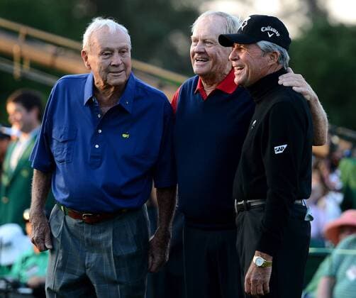 April 9, 2015 - Augusta, GA, USA - Honorary starters Arnold Palmer, left, Jack Nicklaus, center, and Gary Player, right, pose for photographs after each hitting drives from the first tee box to start the 2015 Masters Tournament on Thursday, April 9, 2015 in Augusta, Ga. Masters begins - ZUMAm67_