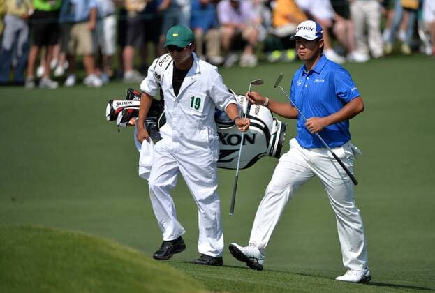 Hideki Matsuyama walks to the second green in the first round the 2015 Masters Tournament at Augusta National Golf Club in Augusta, Georgia on April 9, 2015.  MAS20150409169 KEVINxDIETSCH