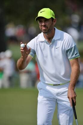 Charl Schwartzel reacts after making a birdie on the second hole in the first round the 2015 Masters Tournament at Augusta National Golf Club in Augusta, Georgia on April 9, 2015.  MAS20150409168 KEVINxDIETSCH
