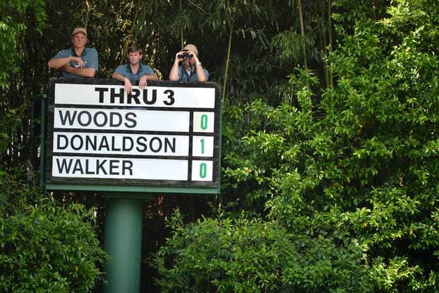 Three men tend an elevated group board with Tiger Woods at even par on the 4th hole in the first round the 2015 Masters Tournament at Augusta National Golf Club in Augusta, Georgia on April 9, 2015.  MAS20150409179 KEVINxDIETSCH