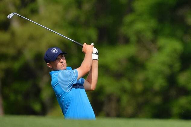 Jordan Spieth hits his tee shot on the 12th hole in the first round the 2015 Masters Tournament at Augusta National Golf Club in Augusta, Georgia on April 9, 2015.  MAS20150409193 KEVINxDIETSCH