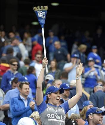 April 9, 2015 - Kansas City, MO, USA - Kansas City Royals fans celebrate the three-game sweep of the Chicago White Sox following the Royals 4-1 win over the White Sox on Thursday, April 9, 2015, at Kauffman Stadium in Kansas City, Mo. Chicago White Sox at Kansas City Royals - ZUMAm67_